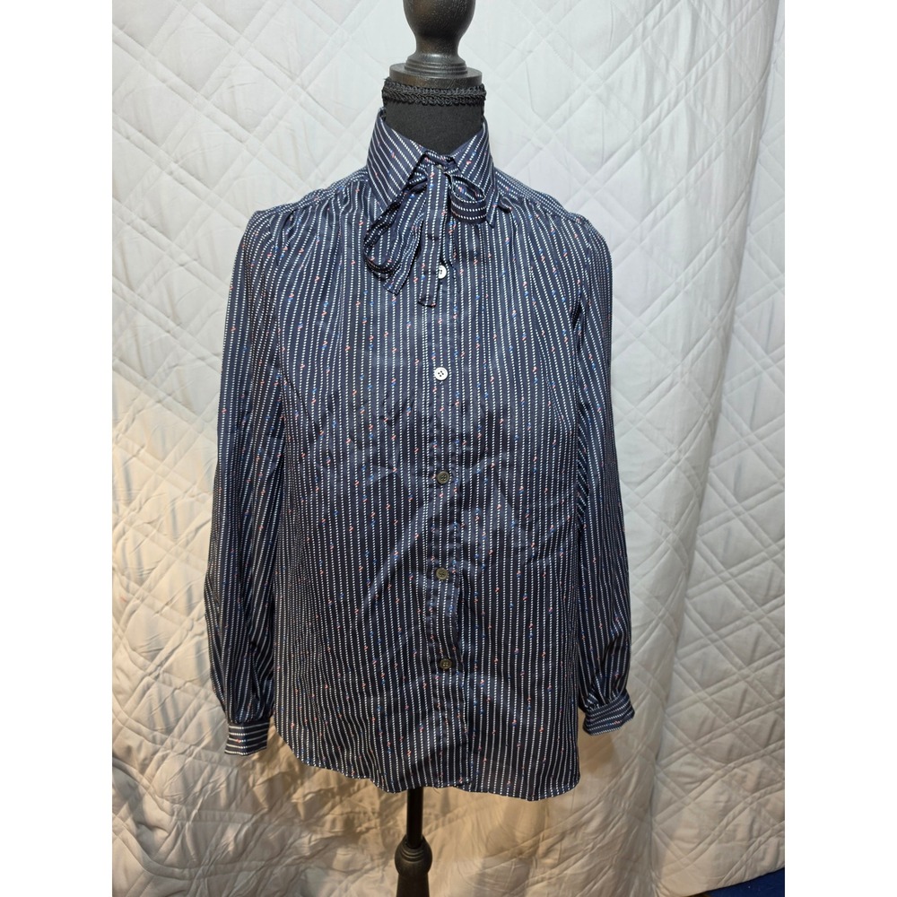 Evan-Picone Vintage Navy Blue/Black Striped Bow Neck Blouse Long Sleeve Size 4